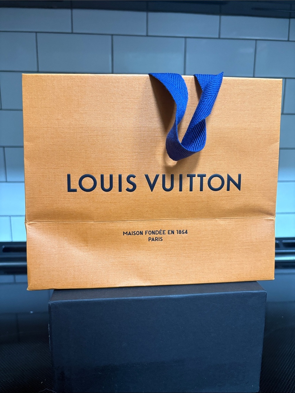 Authentic Louis Vuitton Orange Gift Bag with Blue Ribbon Handles